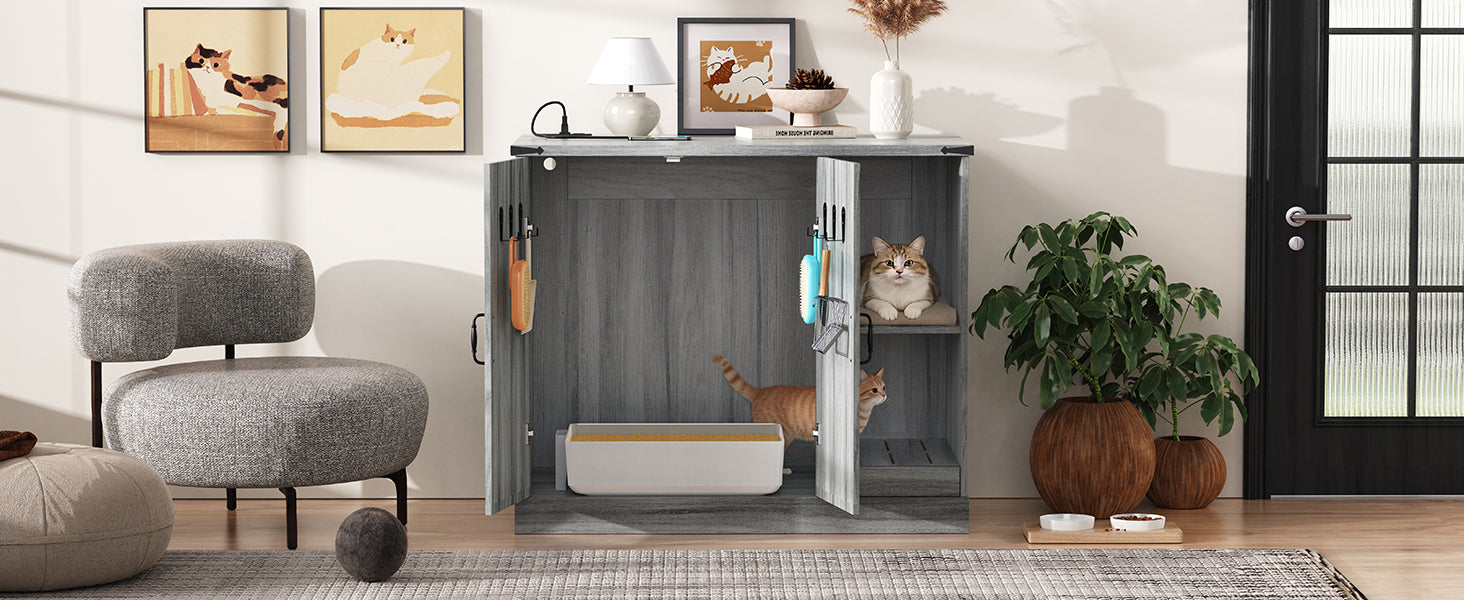 Modern Gray Hidden Cat Litter Box Cabinet with Storage