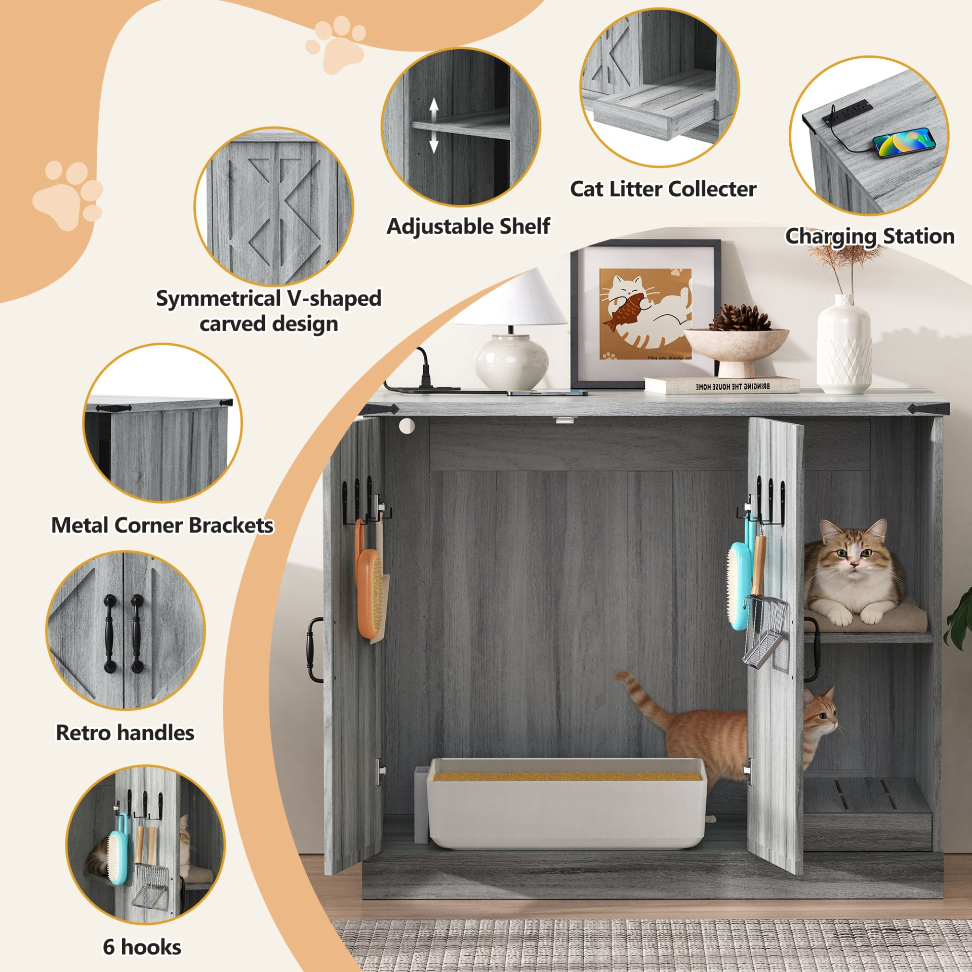 Modern Gray Hidden Cat Litter Box Cabinet with Storage