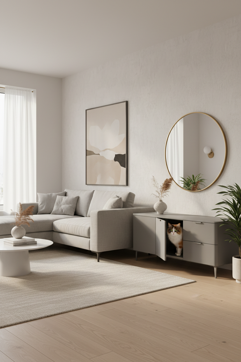 Modern living room with a stylish gray hidden cat litter box cabinet styled as furniture