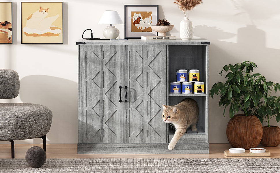 Modern Gray Hidden Cat Litter Box Cabinet with Storage