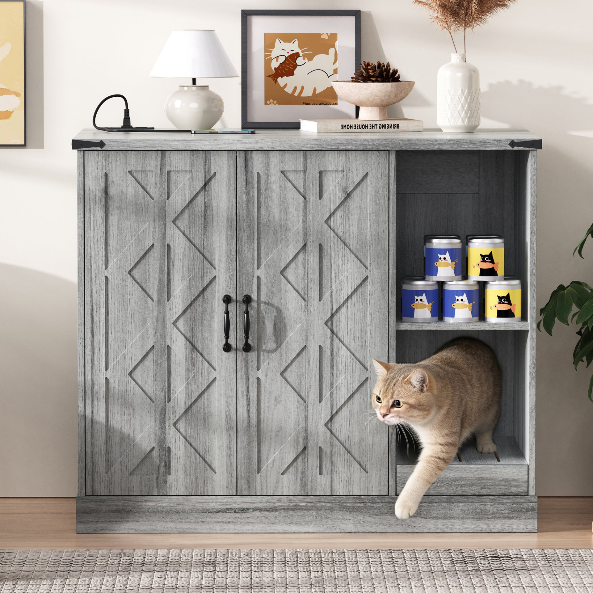 Modern Gray Hidden Cat Litter Box Cabinet with Storage