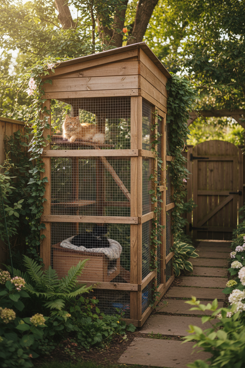 Large outdoor catio enclosure in a lush backyard with cats on platforms